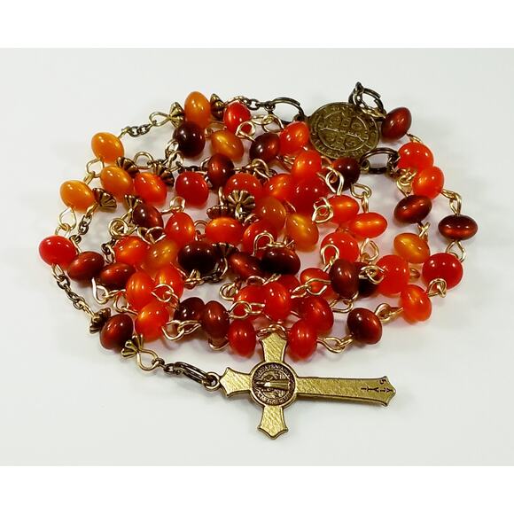 St Benedict Handmade 5 Decade Rosary, Brass Wire, Lucite Vintage Beads - Picture 4 of 10